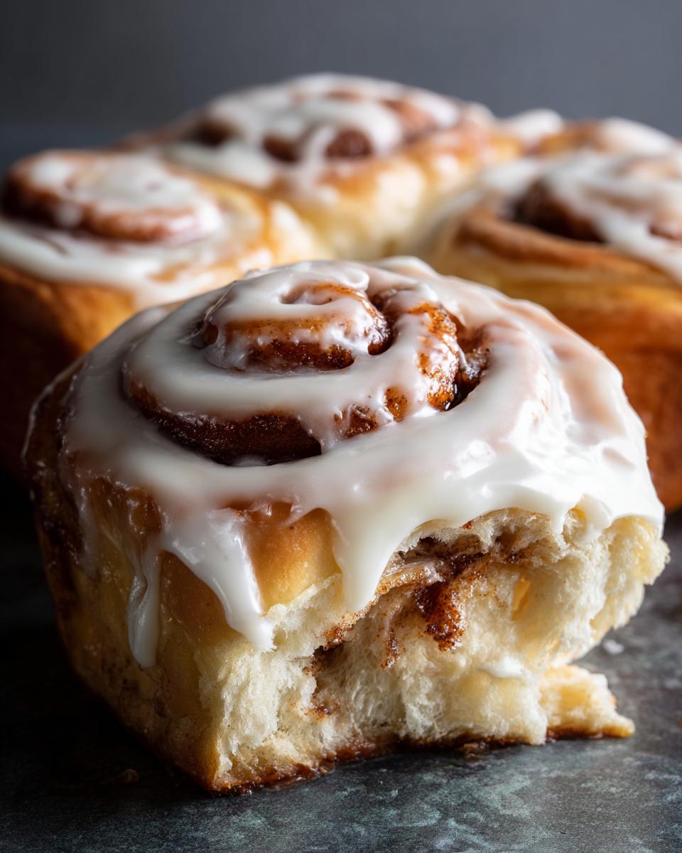 A close-up of a soft, fluffy sourdough discard cinnamon roll, drizzled heavily with white icing, with a bite taken out.