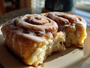 Close-up of two fluffy sourdough discard cinnamon rolls covered in white icing, one having a bite taken out.