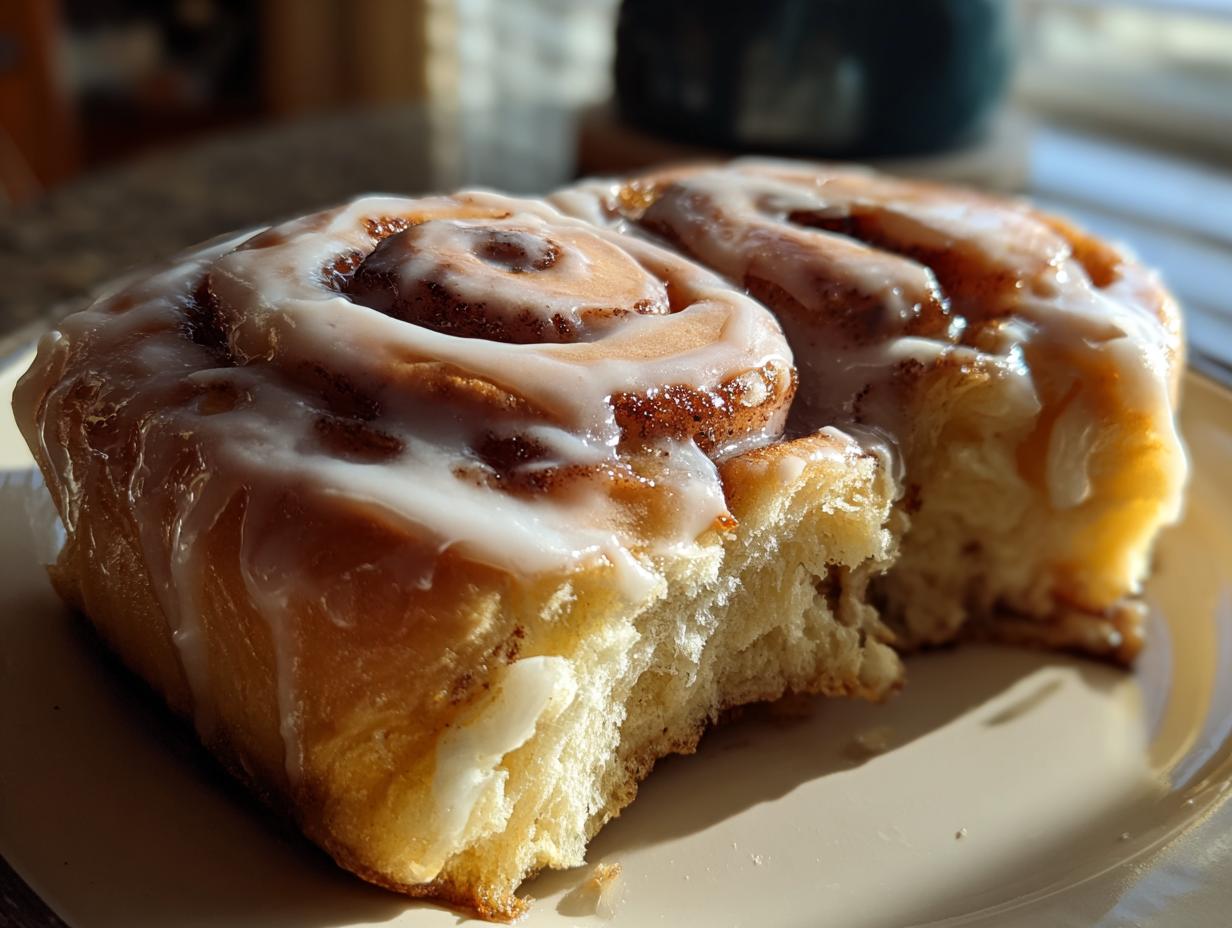 Close-up of two fluffy sourdough discard cinnamon rolls covered in white icing, one having a bite taken out.