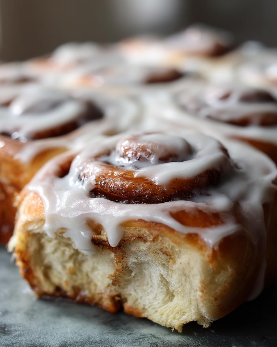 Close-up of a pan of freshly baked sourdough discard cinnamon rolls generously topped with white icing.