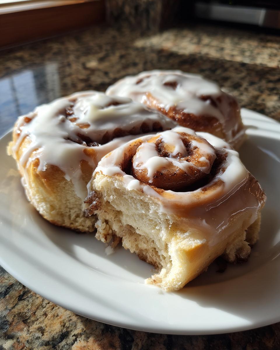 Three fluffy sourdough discard cinnamon rolls covered in white icing, with one roll broken open to show the soft interior.