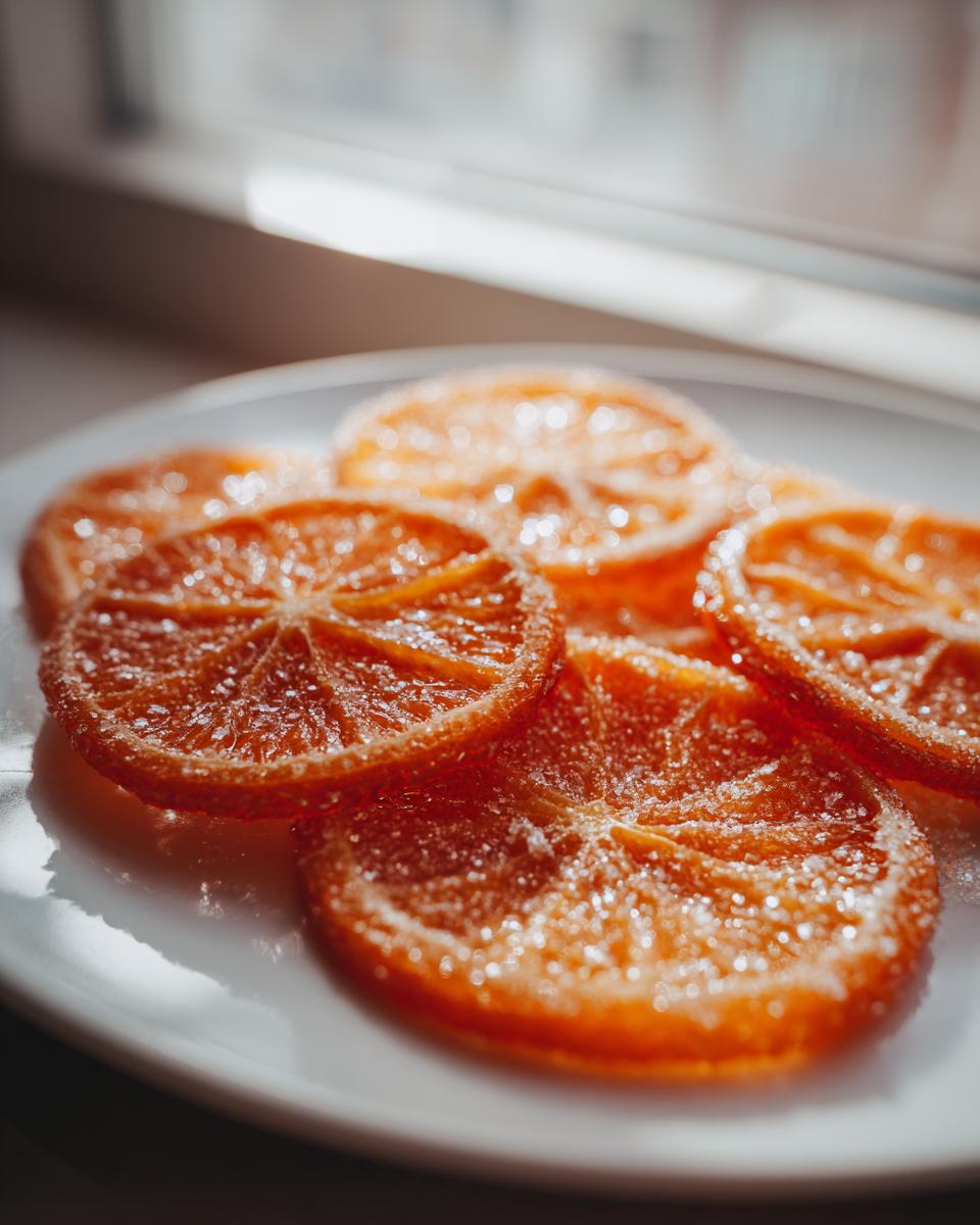 Close-up of glistening candied orange slices dusted with sugar resting on a white plate near a window.