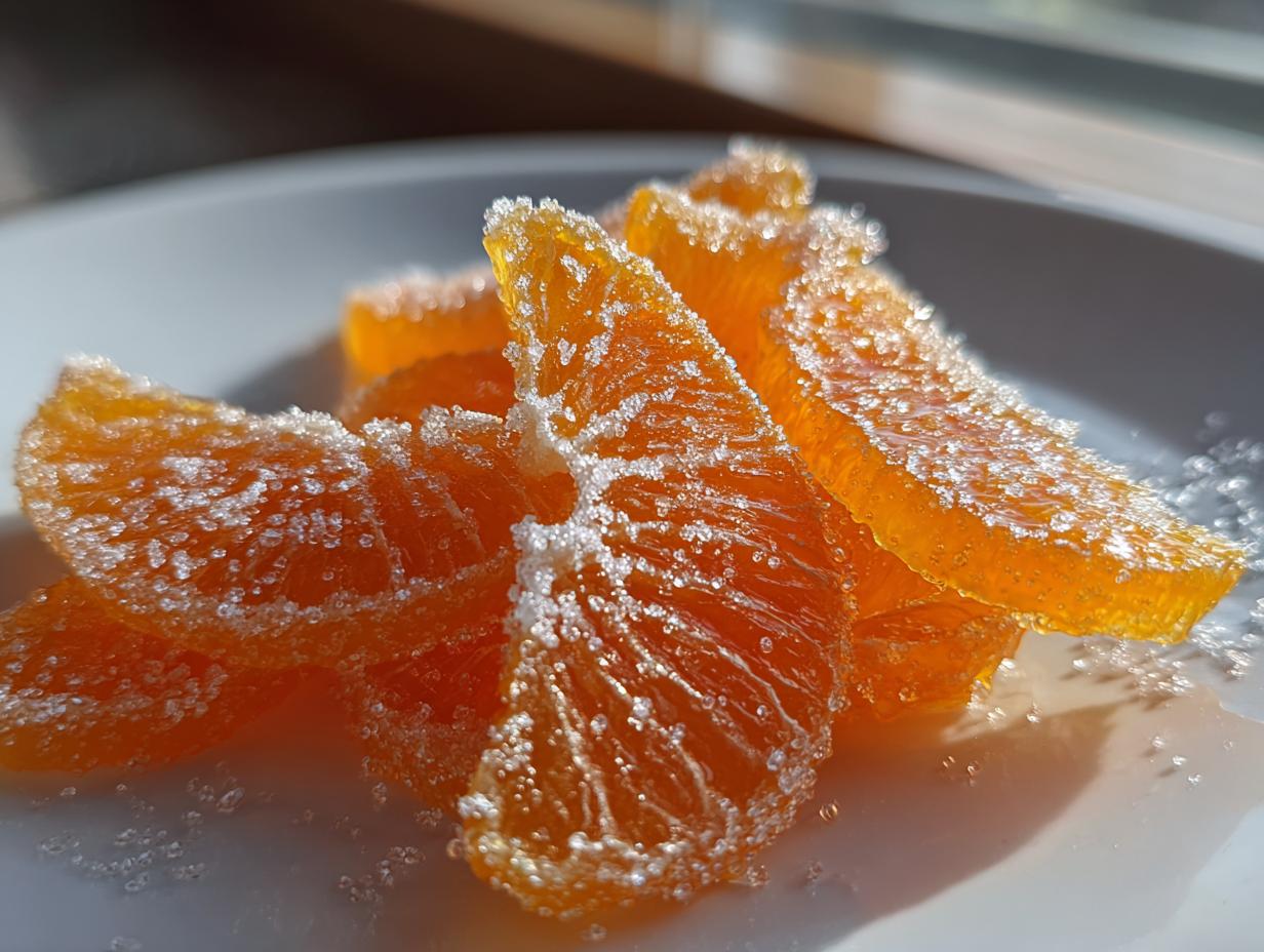 Close-up of bright orange candied orange slices heavily coated in sparkling sugar crystals.