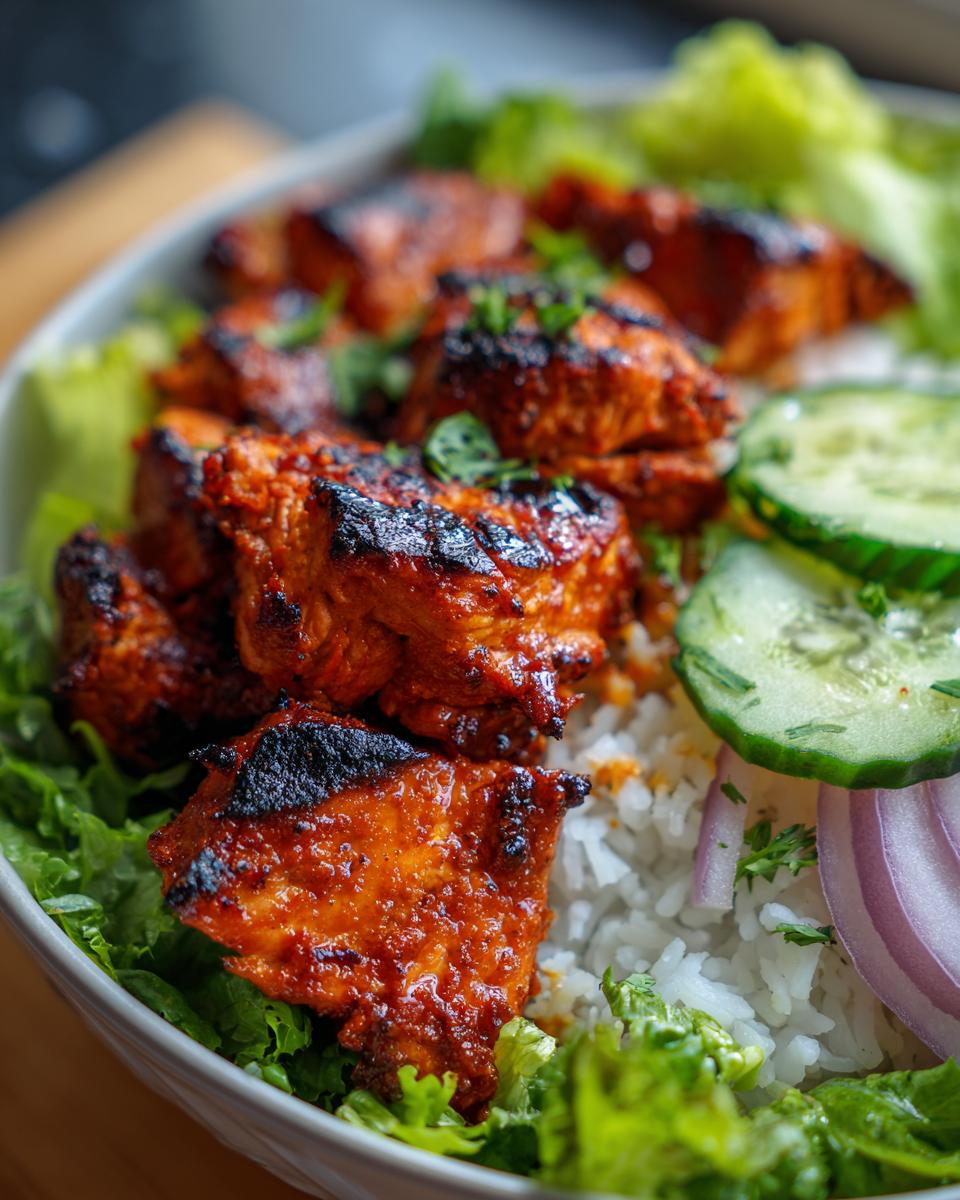 Close-up of charred, spicy harissa chicken pieces served over white rice with lettuce, cucumber, and red onion.