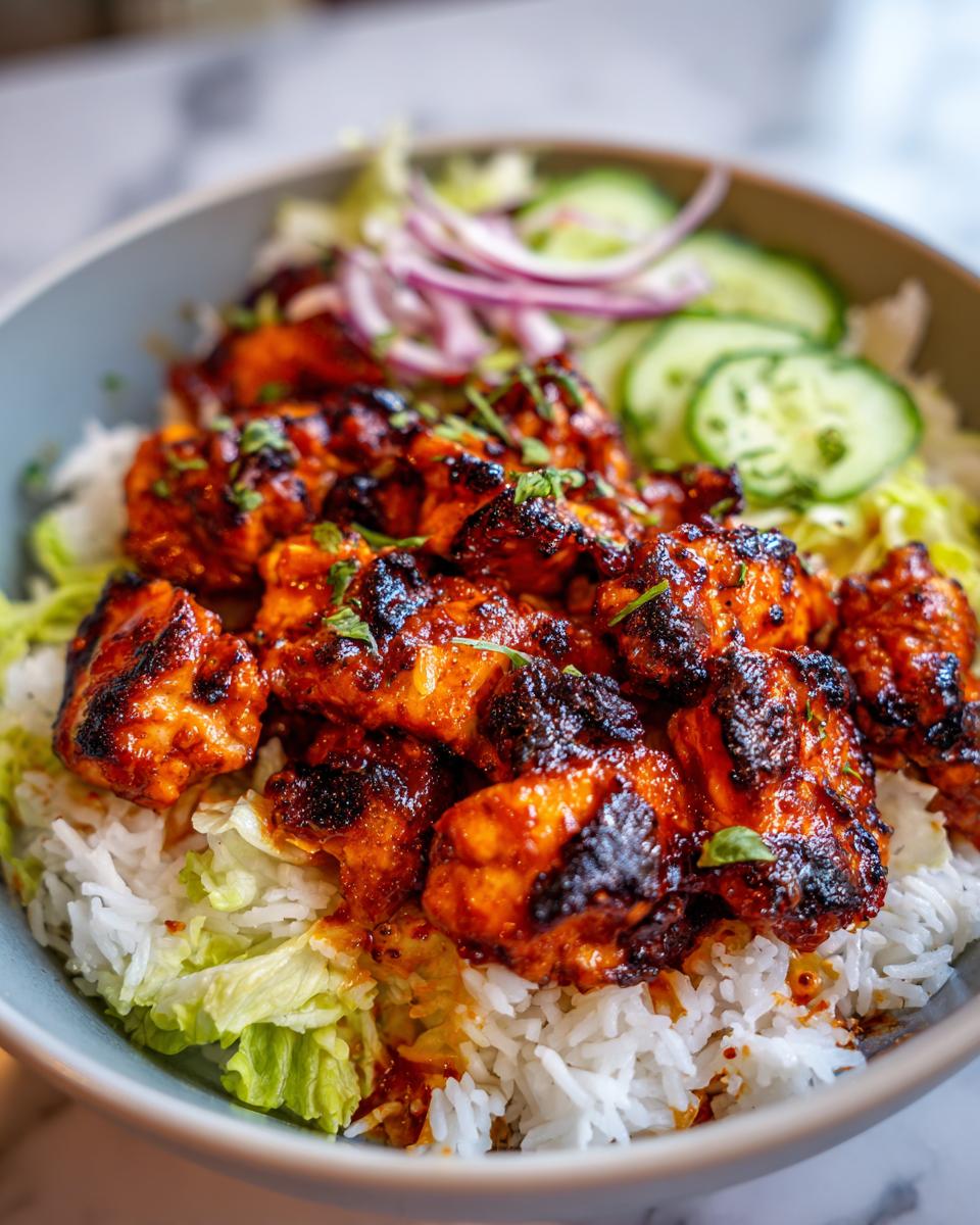 Close-up of spicy, charred harissa chicken pieces served over white rice with lettuce, cucumber slices, and red onion.