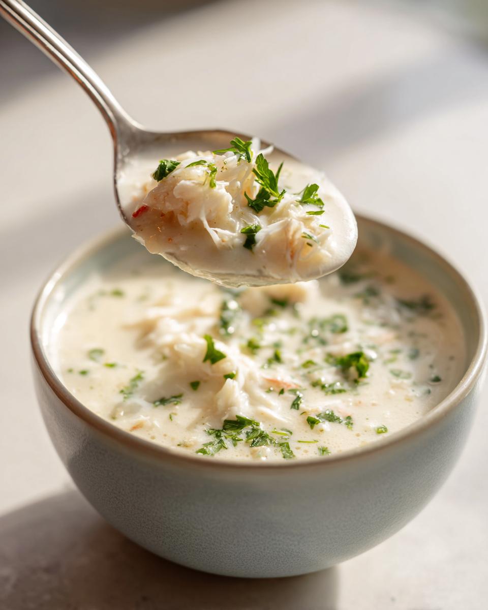 A spoonful of creamy crab soup, loaded with white crab meat and topped with fresh parsley, lifted above the bowl.