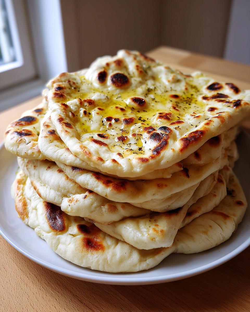 A tall stack of freshly made naan bread recipe, brushed with melted butter and herbs, resting on a white plate.
