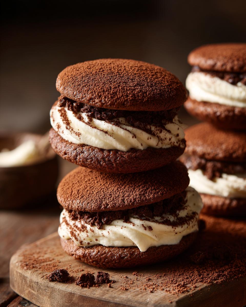 A stack of two decadent chocolate tiramisu cookies filled with creamy mascarpone filling and dusted heavily with cocoa powder.