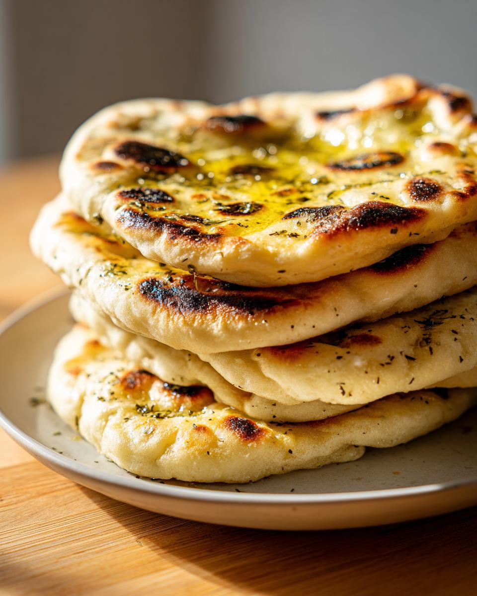 A close-up stack of four freshly made naan bread rounds, brushed with melted butter and herbs.