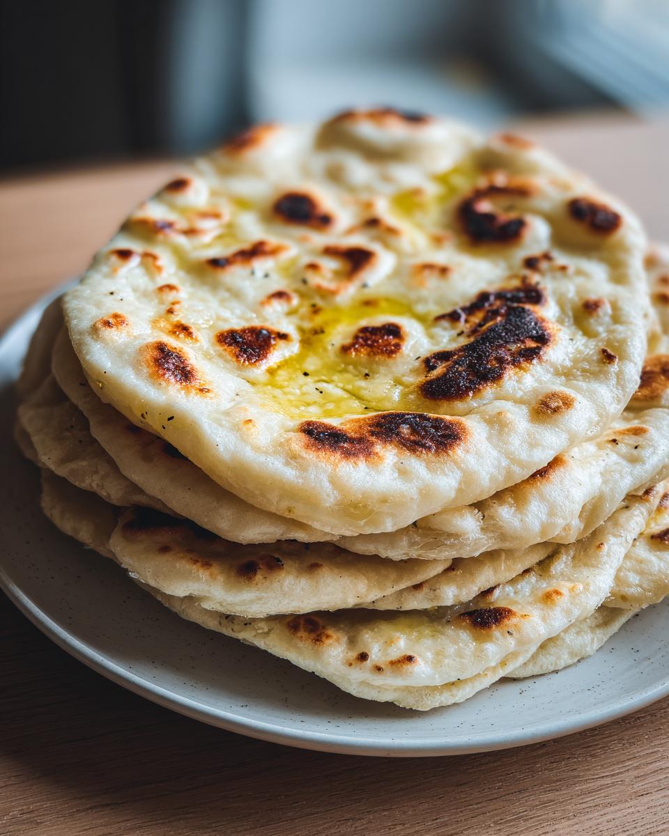 A stack of freshly cooked, soft naan bread recipe rounds brushed with melted butter.