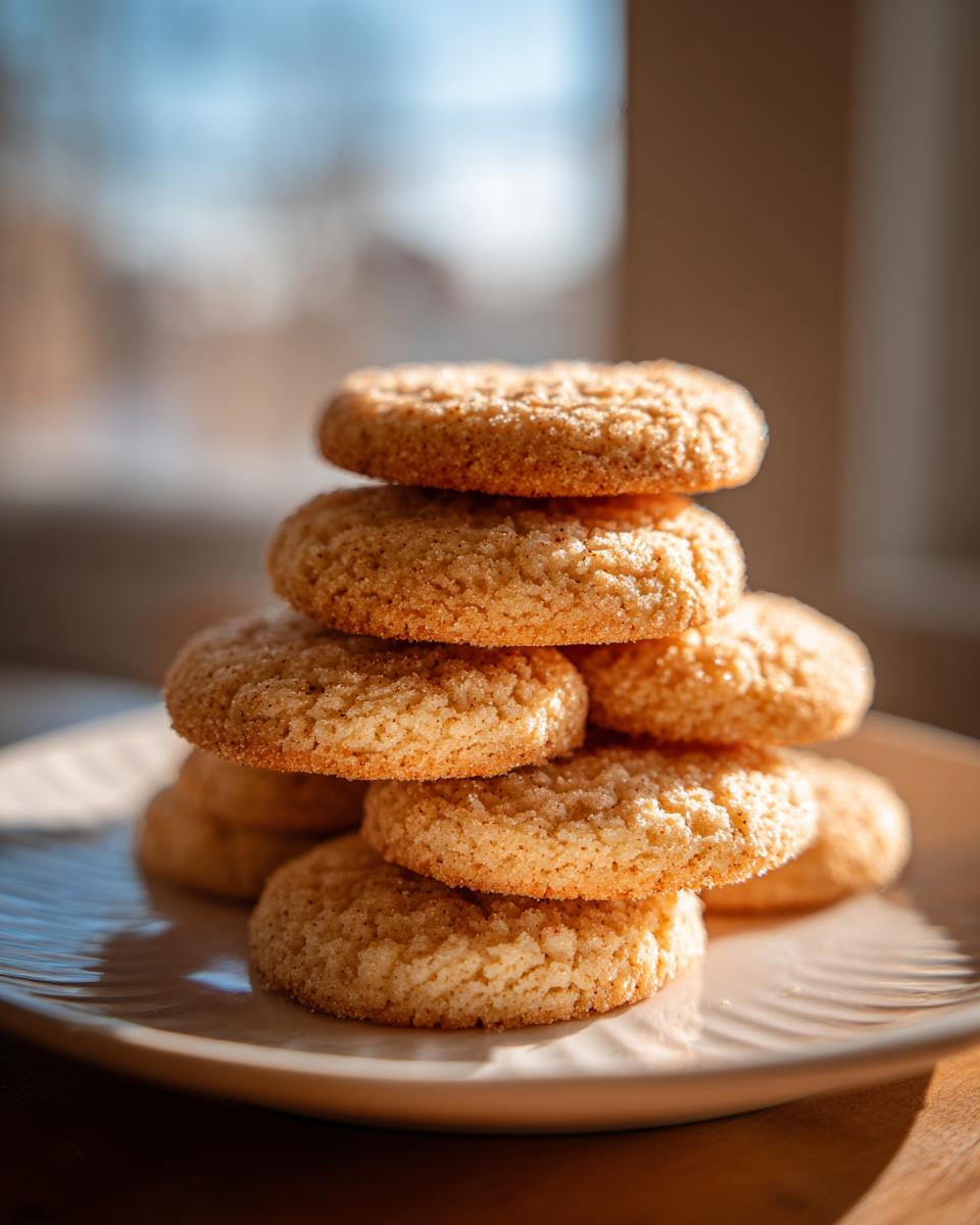 A stack of freshly baked, golden brown sugar cookies glistening with sugar crystals, sitting on a light plate.
