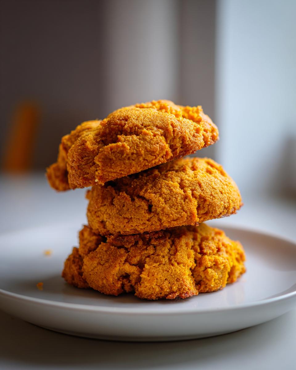 A stack of three vibrant orange persimmon cookies resting on a light gray plate.