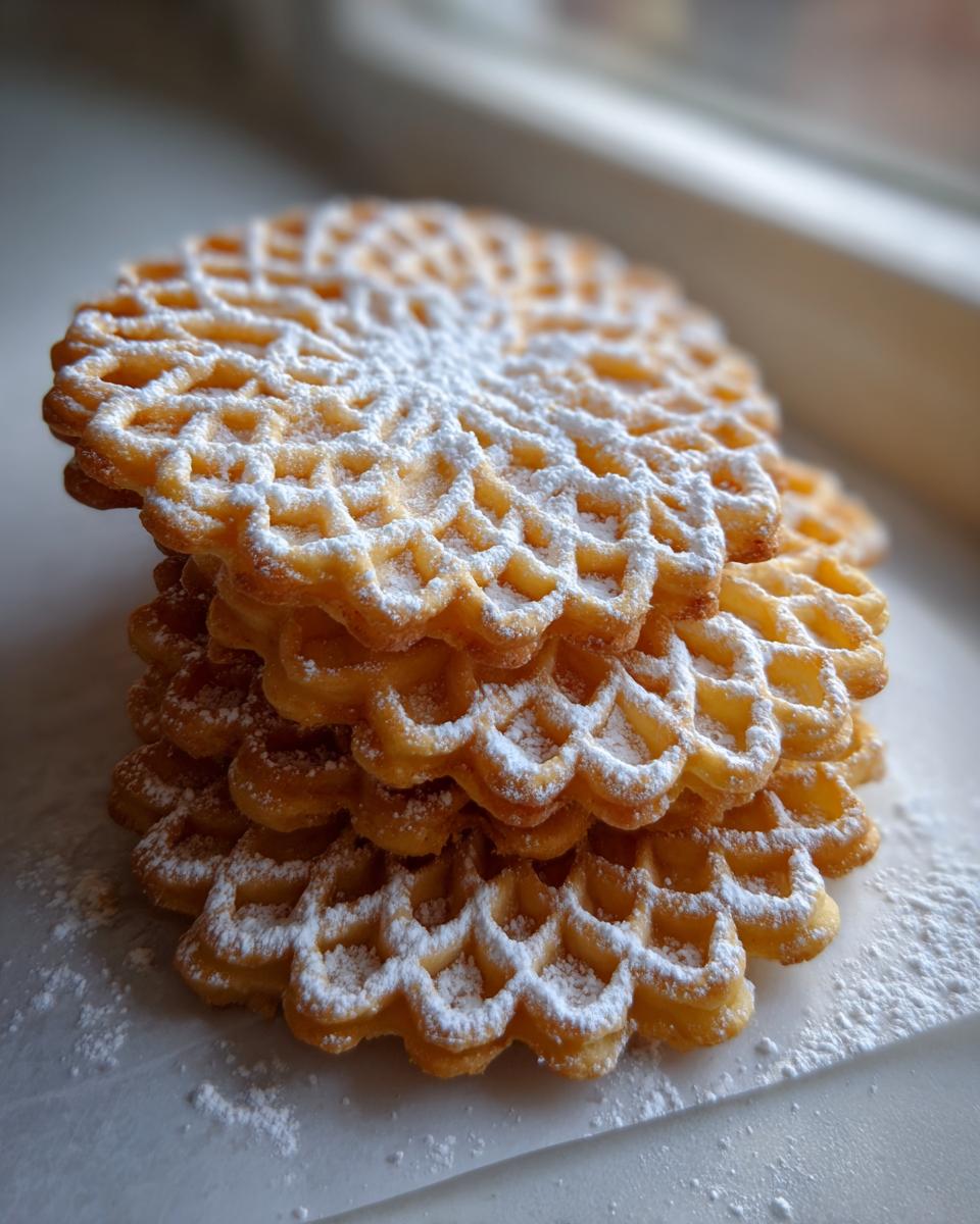 A stack of golden brown pizzelle cookies dusted heavily with powdered sugar, set against a bright background.