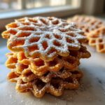 A stack of golden brown pizzelle cookies dusted heavily with powdered sugar, sitting on a marble surface.