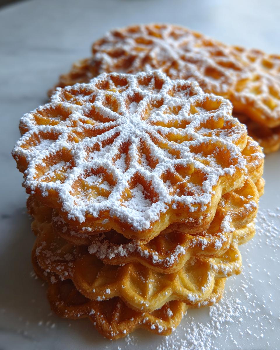 A stack of golden brown pizzelle cookies dusted heavily with powdered sugar.