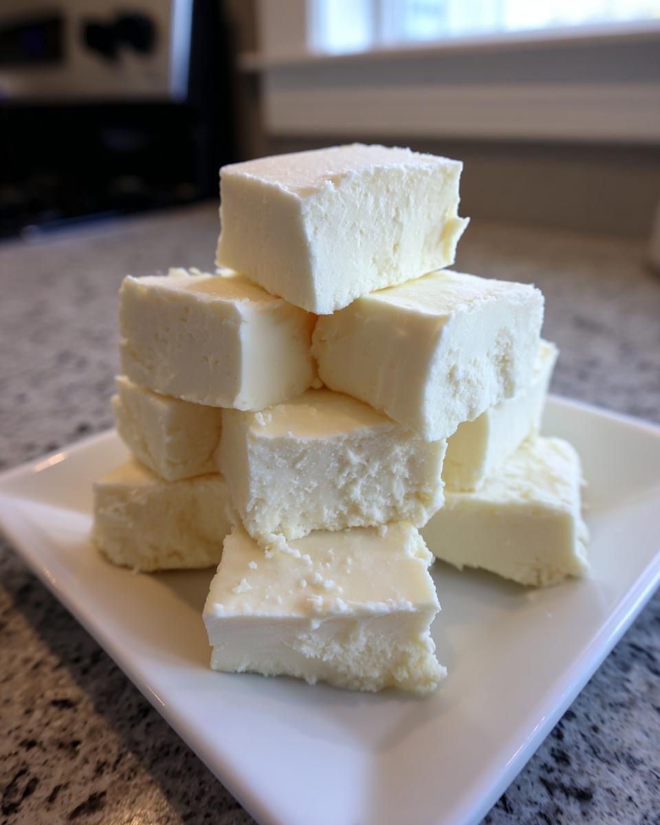 A stack of perfectly cut, creamy white chocolate fudge squares presented on a white plate.