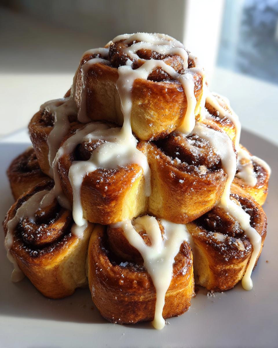 A tower stack of freshly baked christmas tree cinnamon rolls drizzled heavily with white icing.