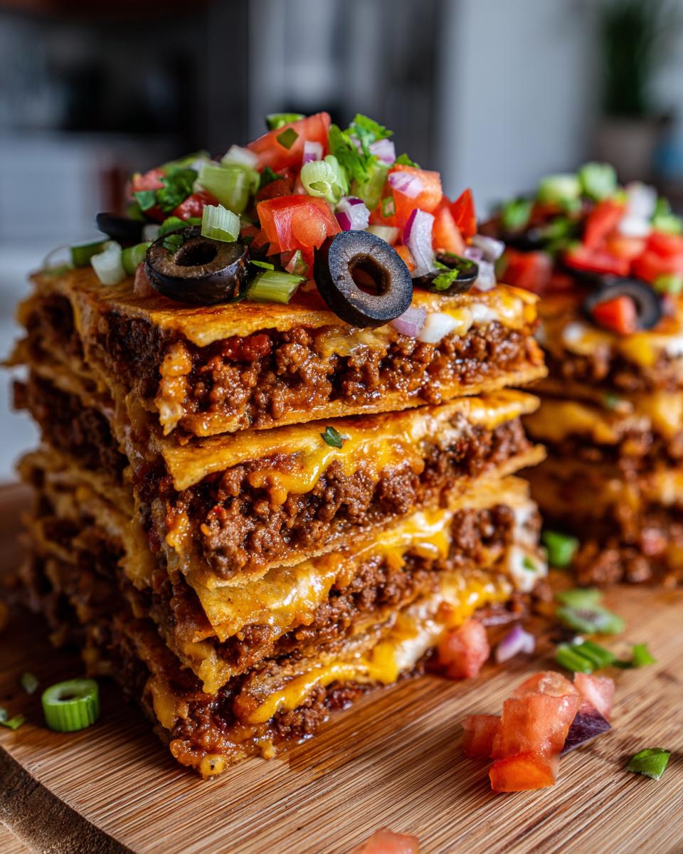 A tall stack of layered Mexican pizza slices filled with seasoned ground beef and melted cheese, topped with fresh salsa ingredients.