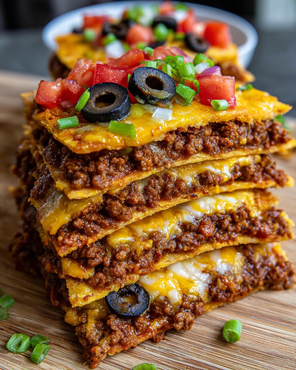 A tall stack of layered Mexican pizza slices filled with seasoned beef and melted cheese, topped with olives and tomatoes.