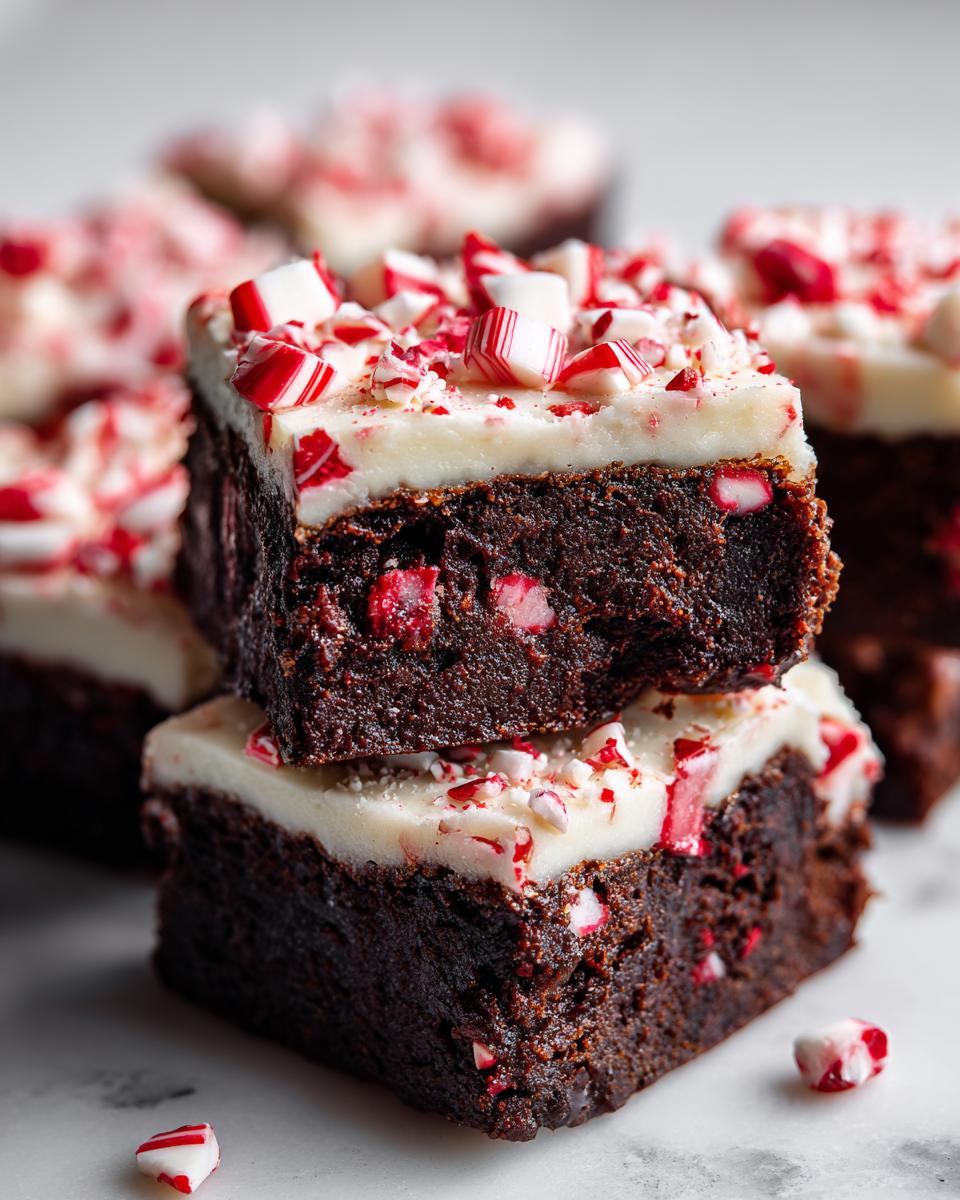 Two stacked, fudgy peppermint brownies topped with white frosting and crushed candy canes.
