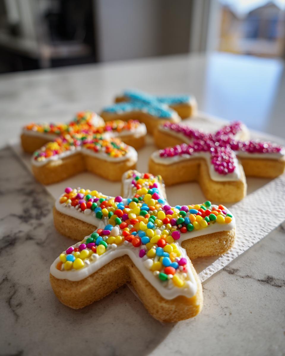 Close-up of star-shaped sugar cookies topped with white hardening cookie icing and colorful sprinkles.