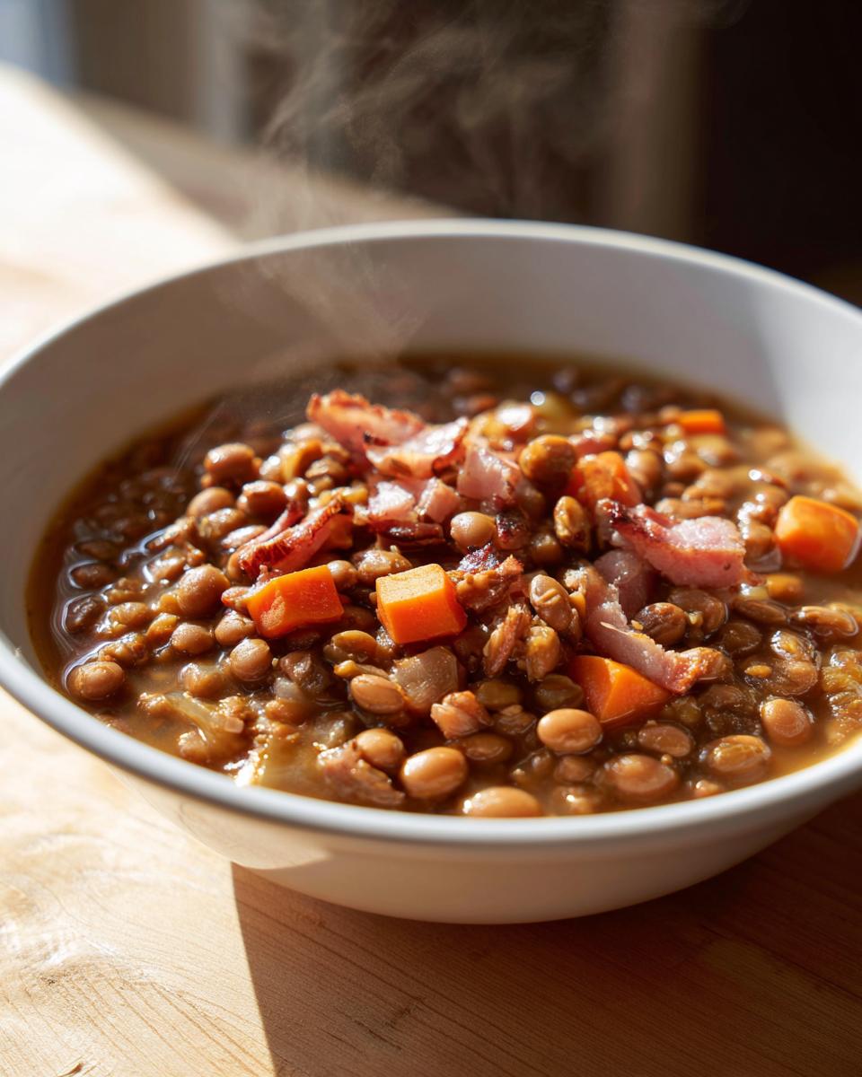 Close-up of a steaming white bowl filled with hearty bean soup topped with diced carrots and crispy bacon pieces.