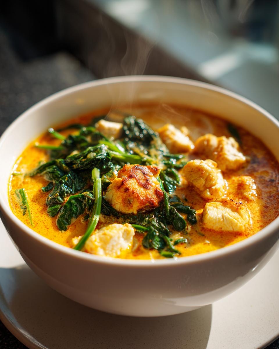 Close-up of a steaming white bowl filled with rich, yellow coconut curry soup containing chunks of chicken and wilted spinach.