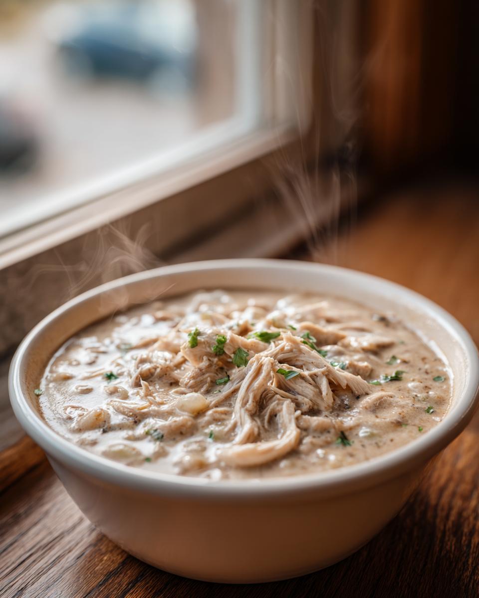 A close-up of a steaming white bowl filled with creamy white chicken chili, topped with shredded chicken and parsley.