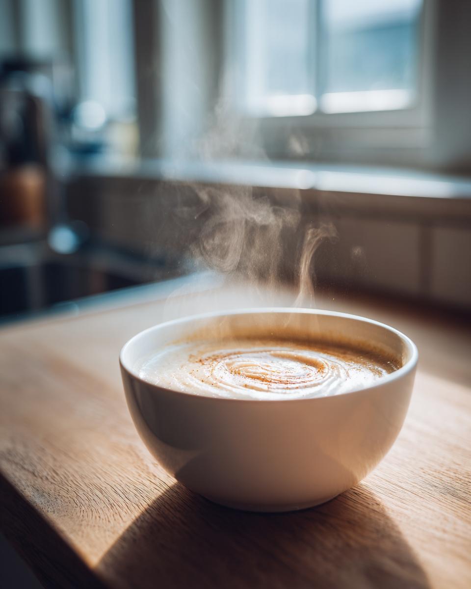 A steaming white bowl of creamy garlic soup with a swirl pattern on top, sitting on a sunlit wooden counter.