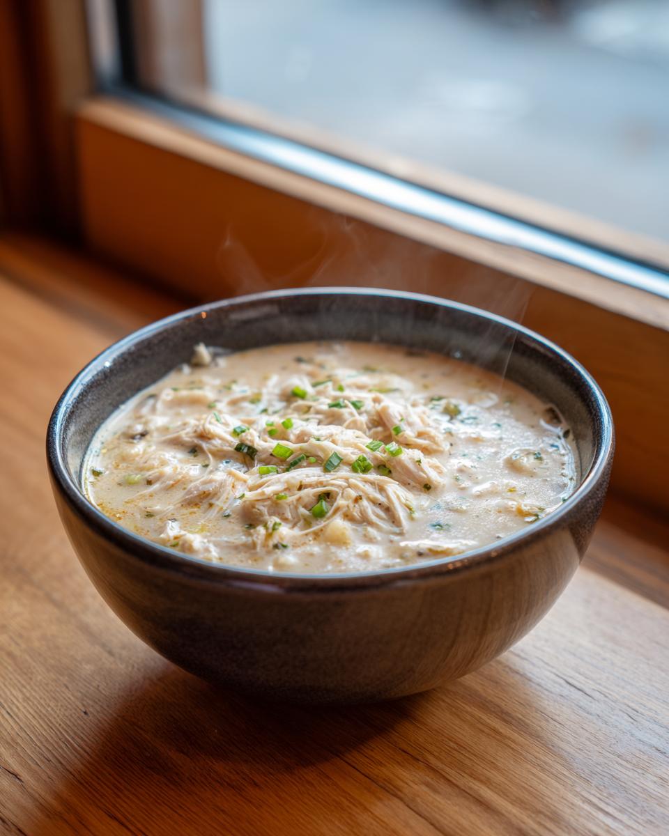 A steaming bowl of creamy white chicken chili topped with shredded chicken and fresh chives.