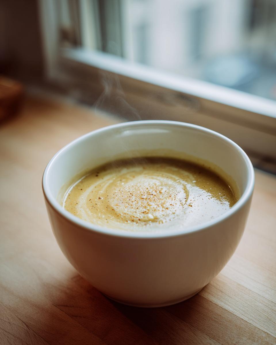 A close-up of a steaming white bowl filled with creamy garlic soup, garnished with spices, sitting on a wooden surface near a window.