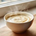 Close-up of a steaming white bowl containing creamy garlic soup with a swirl pattern and pepper garnish.
