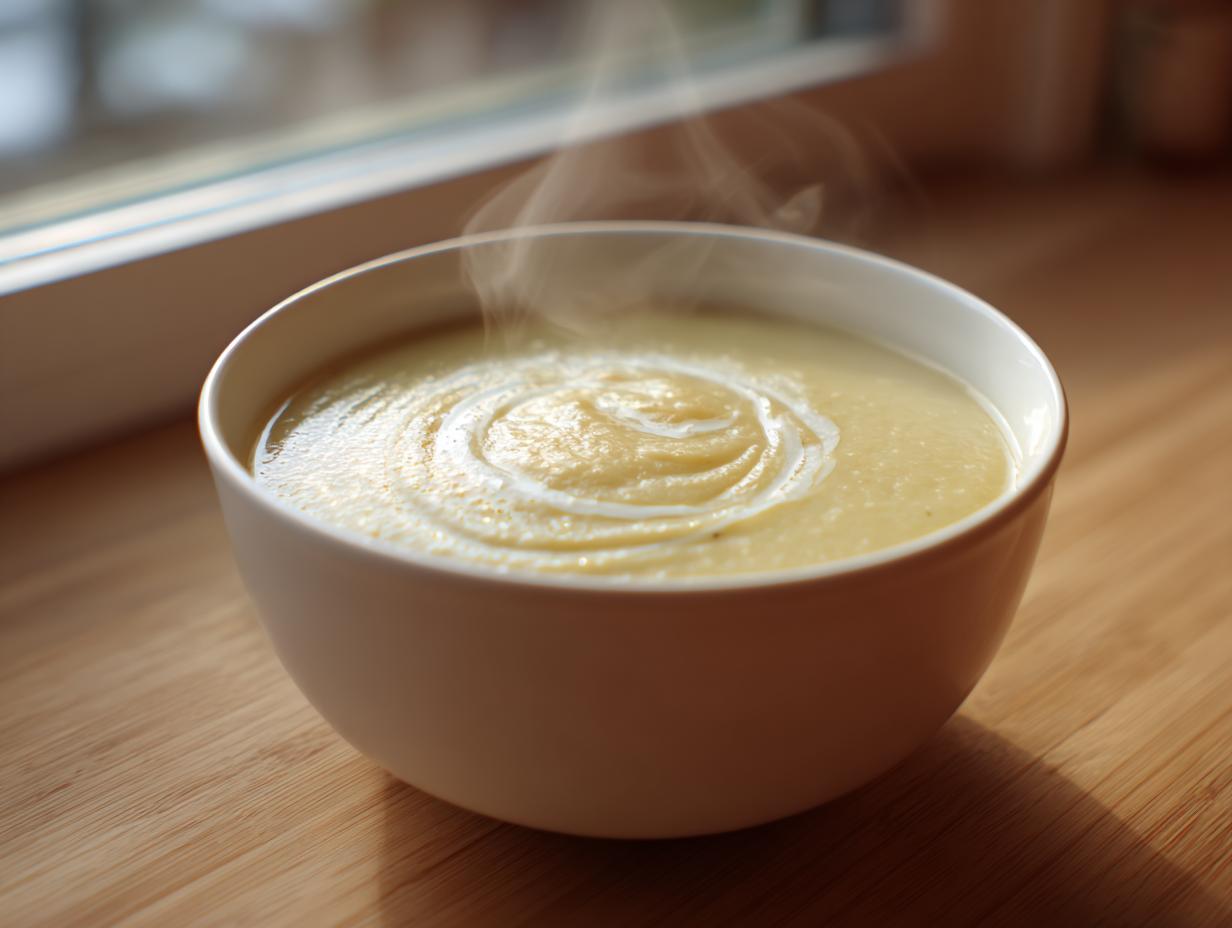 A creamy, steaming bowl of 2-ingredient garlic soup garnished with a swirl of cream.