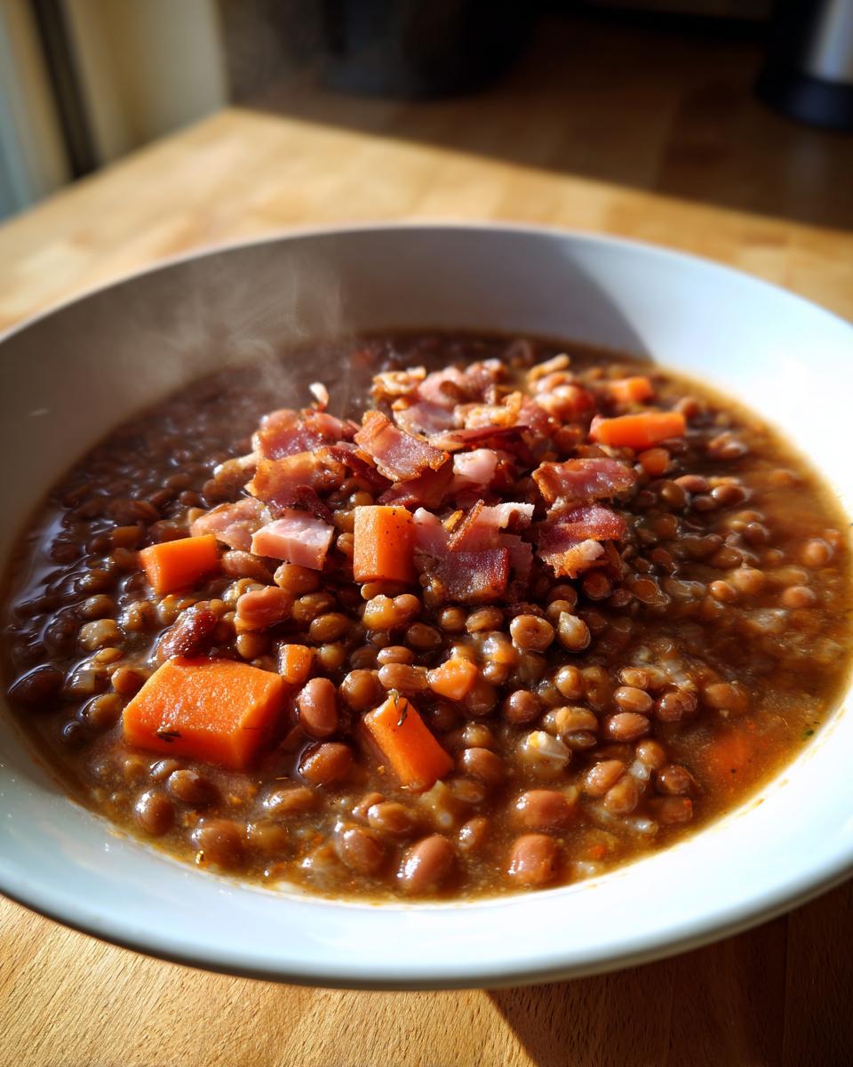 A steaming white bowl filled with hearty bean soup, topped with diced carrots and crispy bacon pieces.
