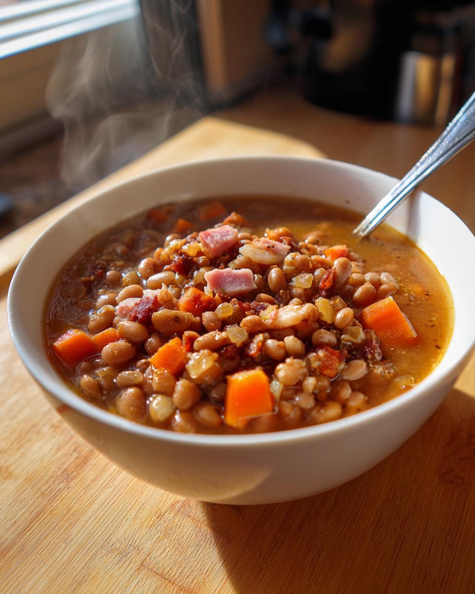 A close-up of a steaming white bowl filled with hearty 15 bean soup, featuring beans, carrots, and chunks of ham.