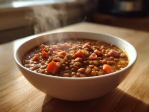 Close-up of a steaming white bowl filled with hearty bean soup, featuring visible beans, diced carrots, and ham pieces.