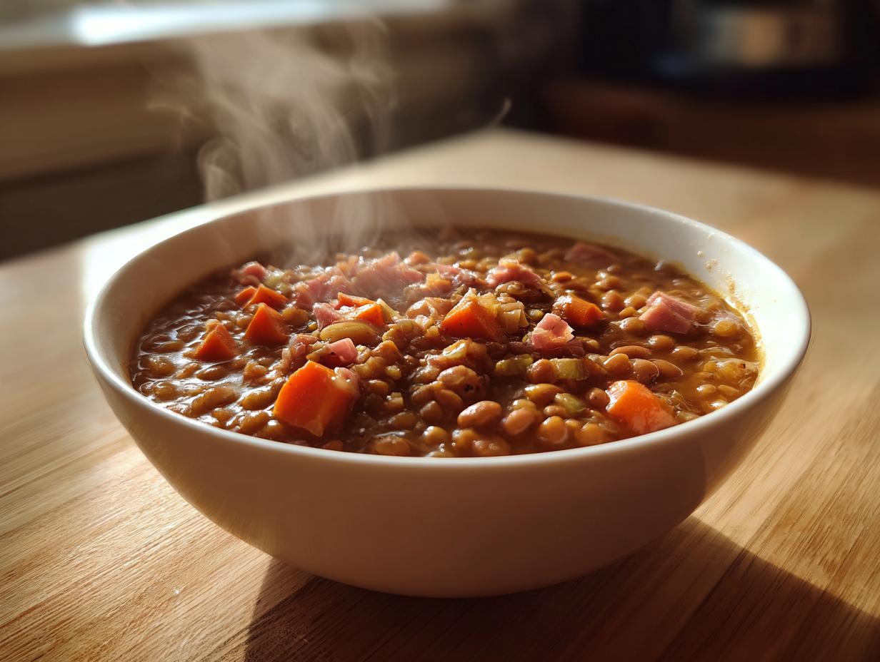 Close-up of a steaming white bowl filled with hearty bean soup, featuring visible beans, diced carrots, and ham pieces.