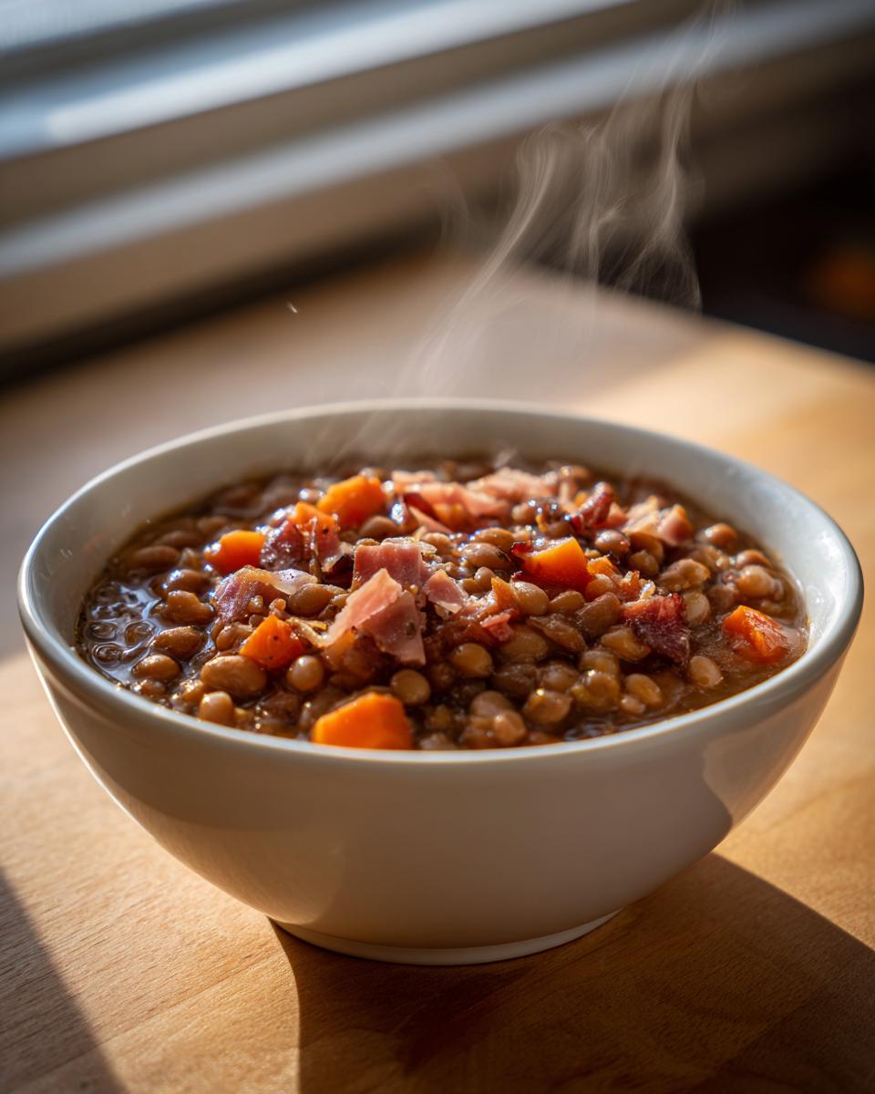 Close-up of a steaming white bowl filled with hearty bean soup topped with chunks of ham and carrots.