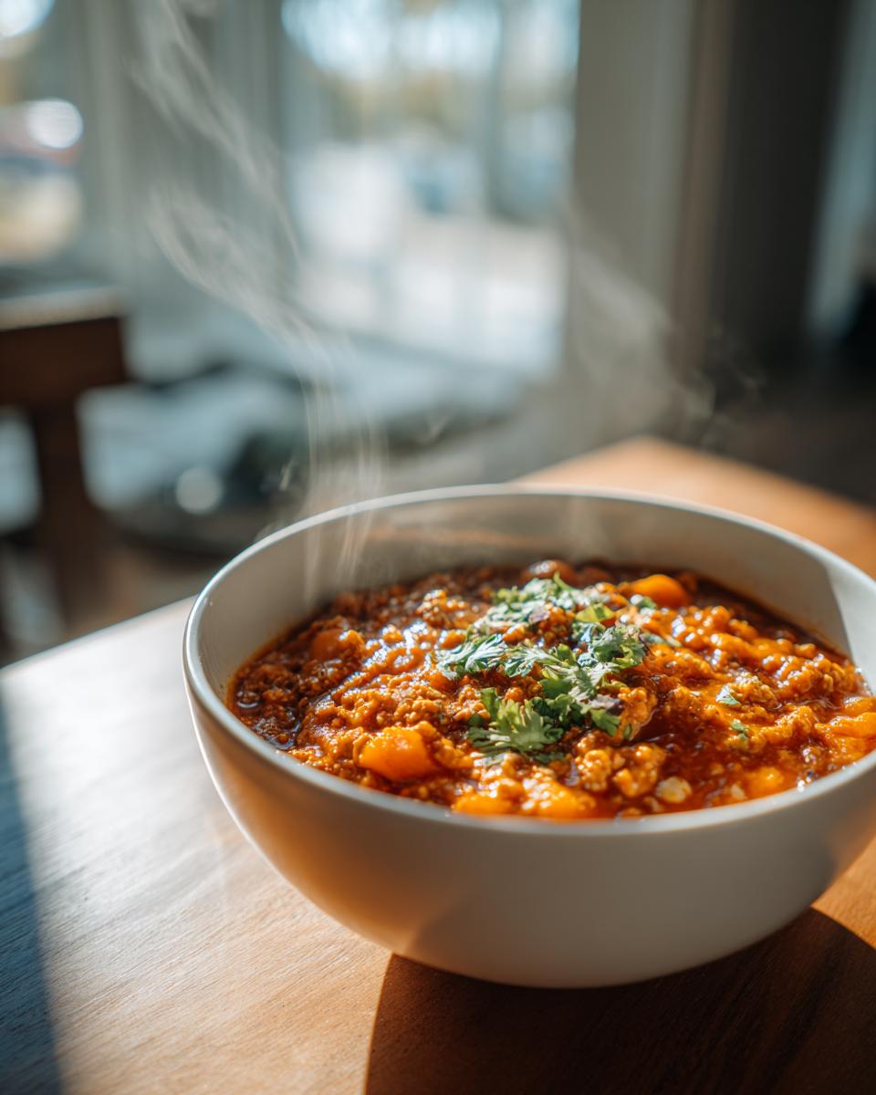 A close-up of a steaming white bowl filled with rich, hearty pumpkin chili, garnished with fresh cilantro.