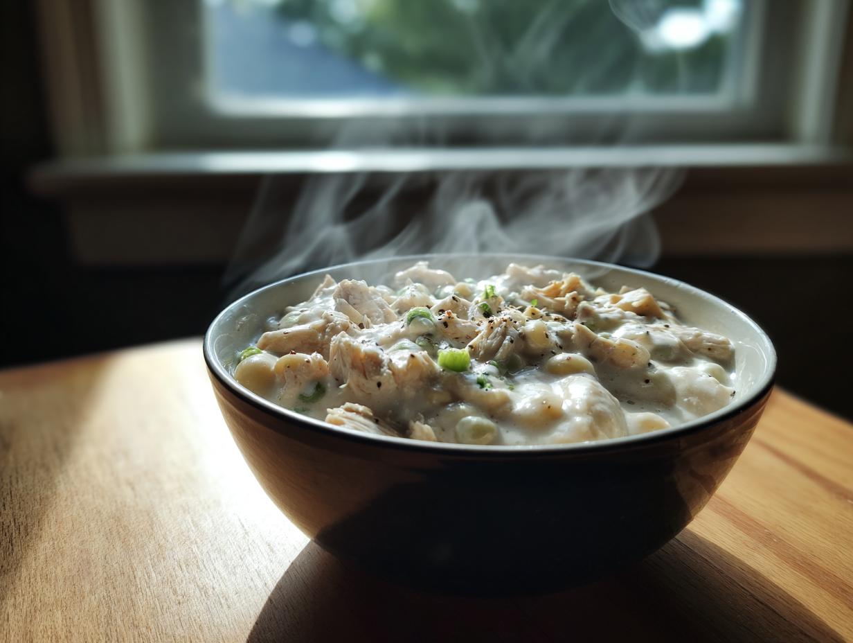 A steaming bowl of creamy white chicken chili topped with green onions and pepper.