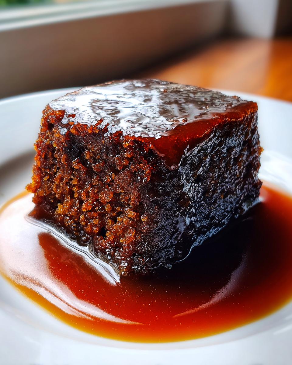 A close-up of a rich, dark square slice of sticky toffee pudding recipe covered in glossy toffee sauce.