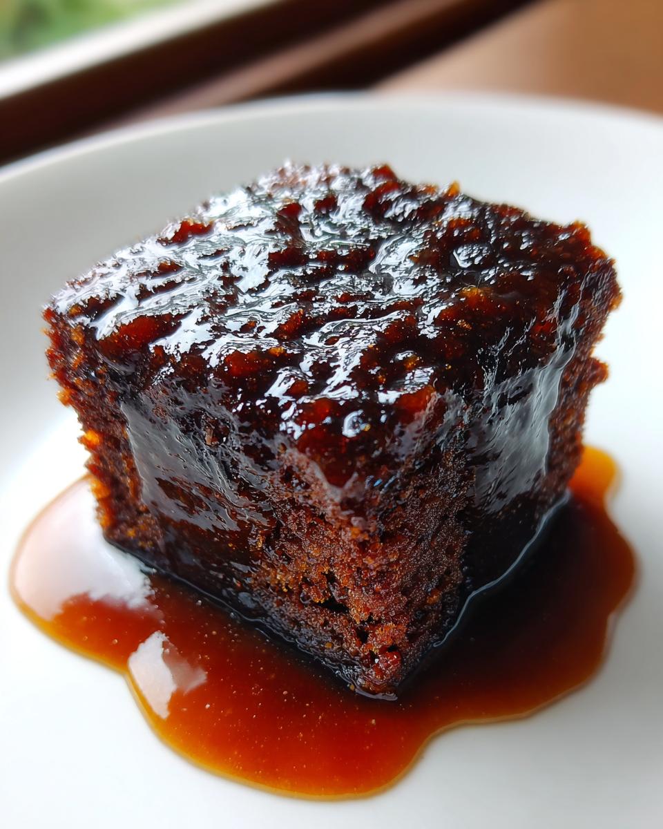 Close-up of a square of rich, dark sticky toffee pudding recipe drenched in glossy toffee sauce.
