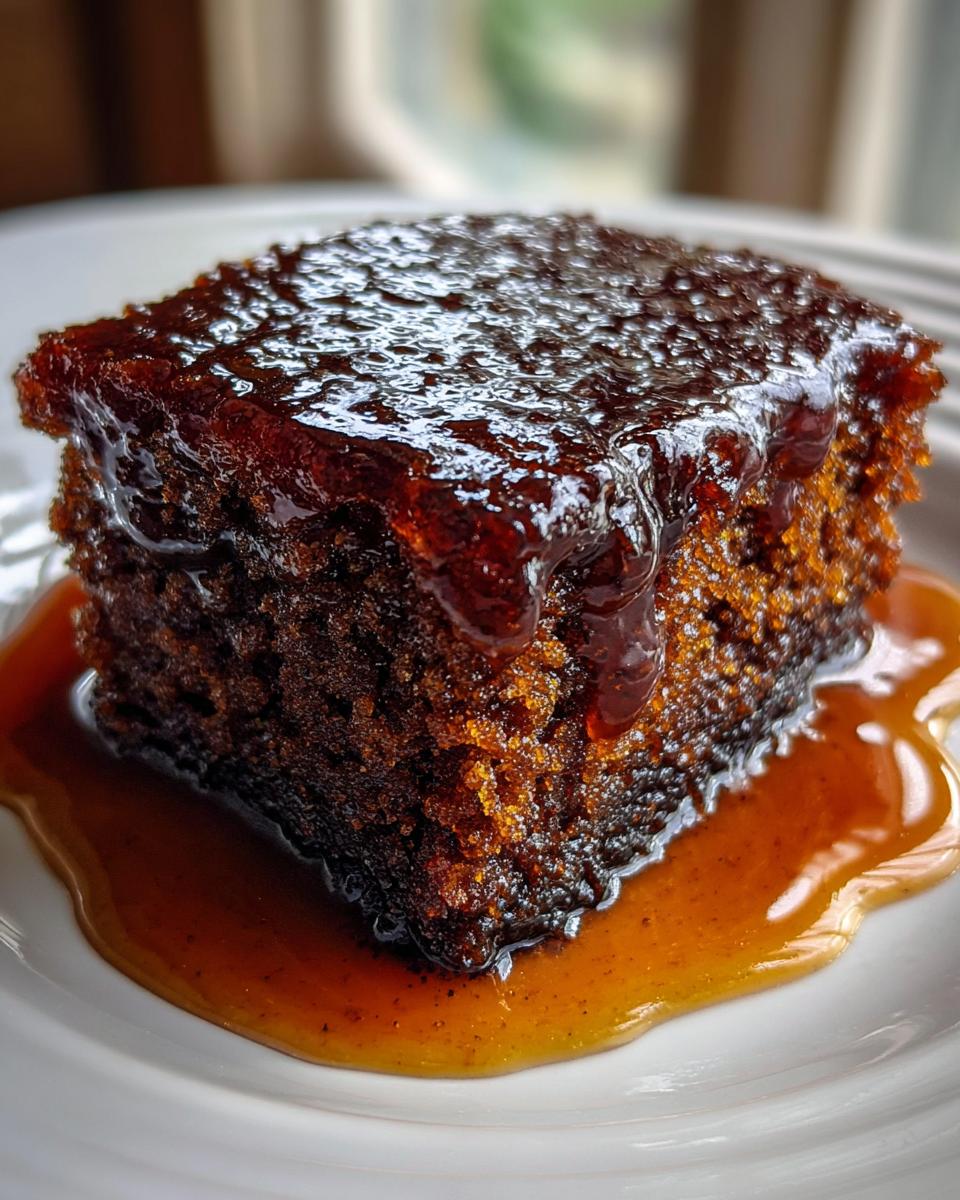 Close-up of a moist square of sticky toffee pudding recipe drenched in rich, glossy toffee sauce.