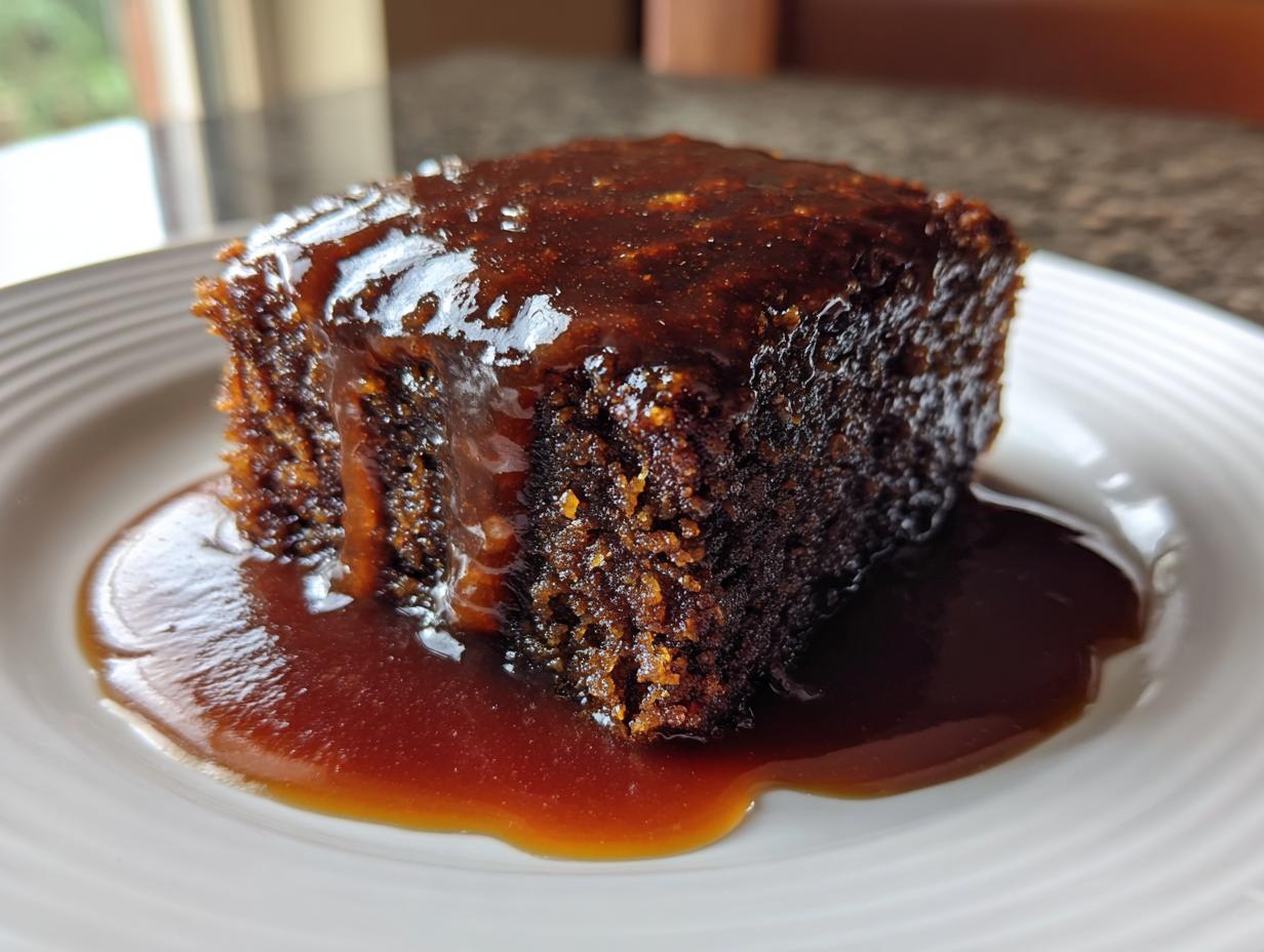 A rich, dark square of sticky toffee pudding recipe covered in glossy toffee sauce on a white plate.