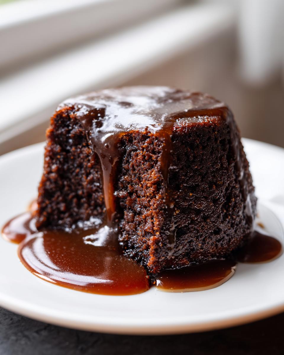 A rich, dark portion of sticky toffee pudding generously covered in warm toffee sauce on a white plate.