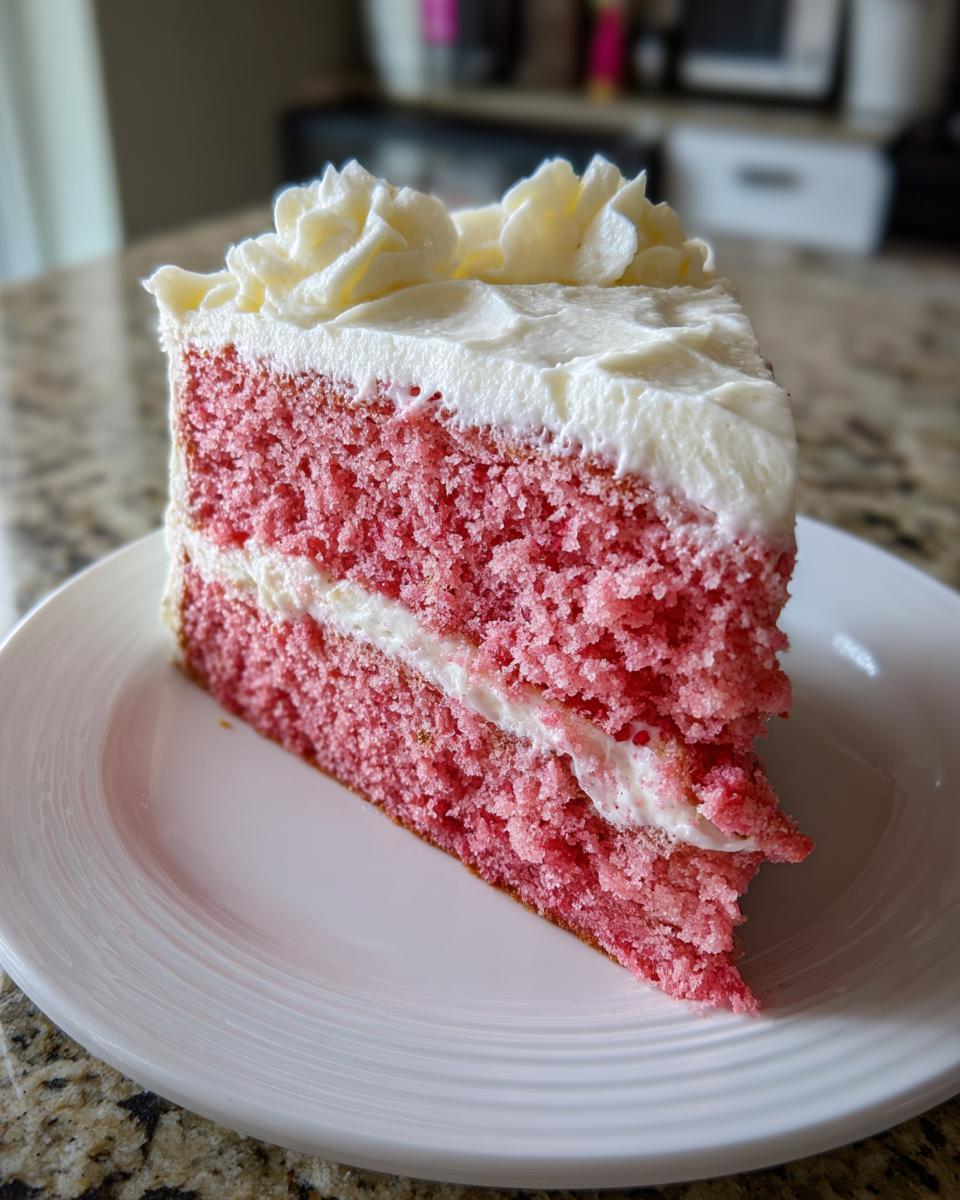 A moist slice of pink strawberry cake with white cream cheese frosting layers and piped decoration on top.