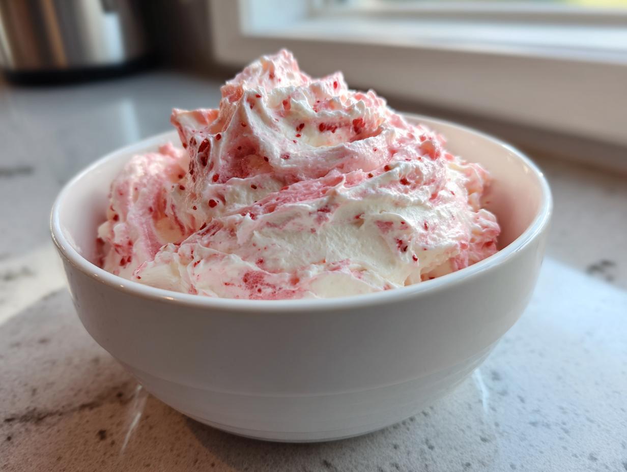 A white bowl filled with fluffy, swirled strawberry cheesecake dip featuring streaks of pink and red fruit pieces.