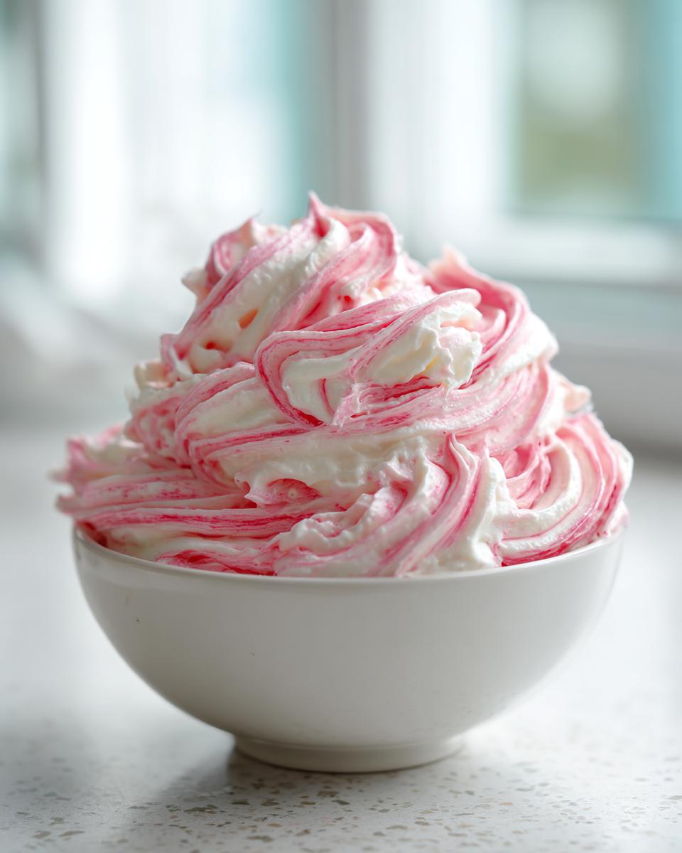 Close-up of creamy strawberry cheesecake dip swirled with pink coloring in a white bowl.