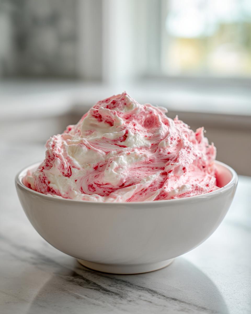 A white bowl filled with swirled pink and white strawberry cheesecake dip, ready for serving.