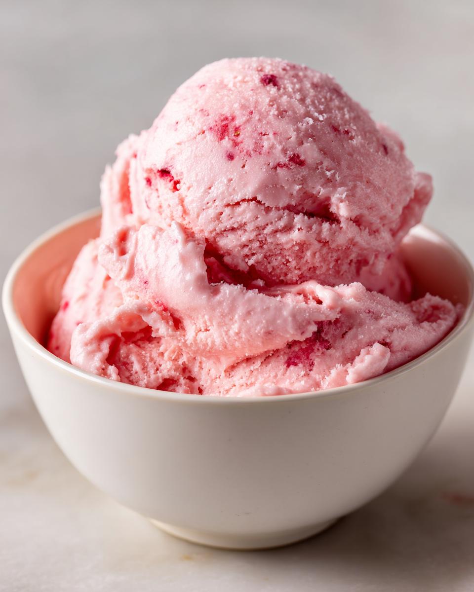 A close-up of two scoops of pink strawberry ice cream with visible fruit pieces served in a small white bowl.